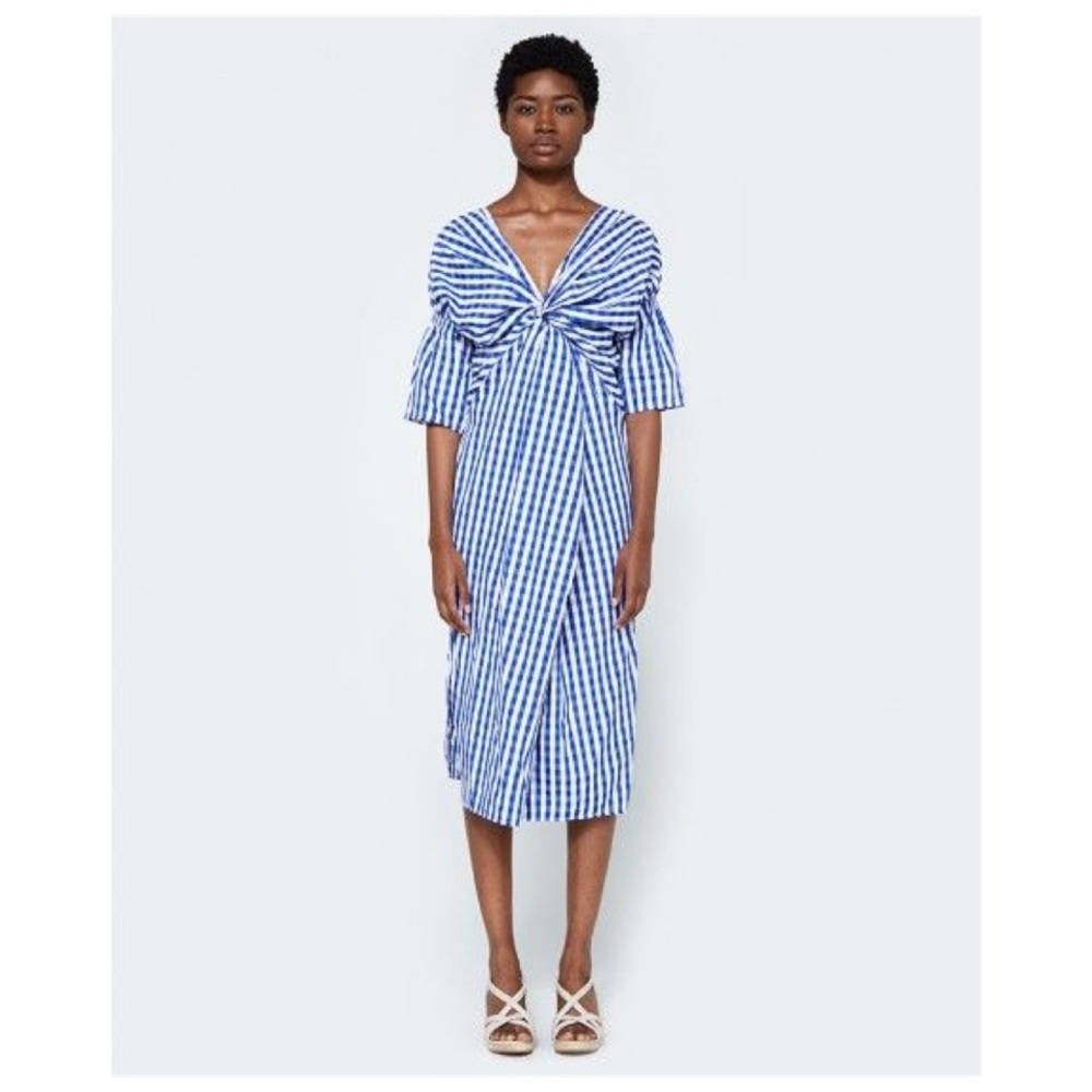 FARROW Daytona Blue Gingham Twist MIDI Dress Coastal Grandma M